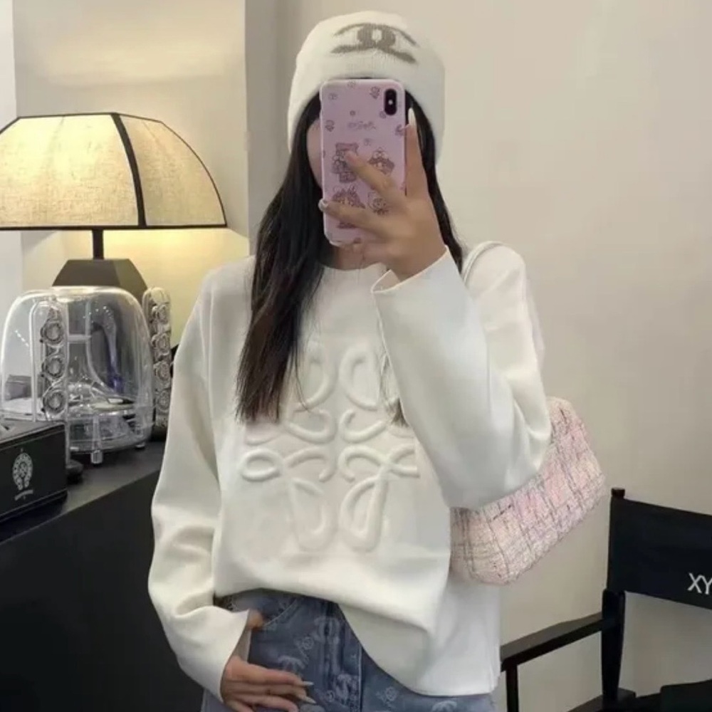 Embossed Anagram-Style White Knit Sweater